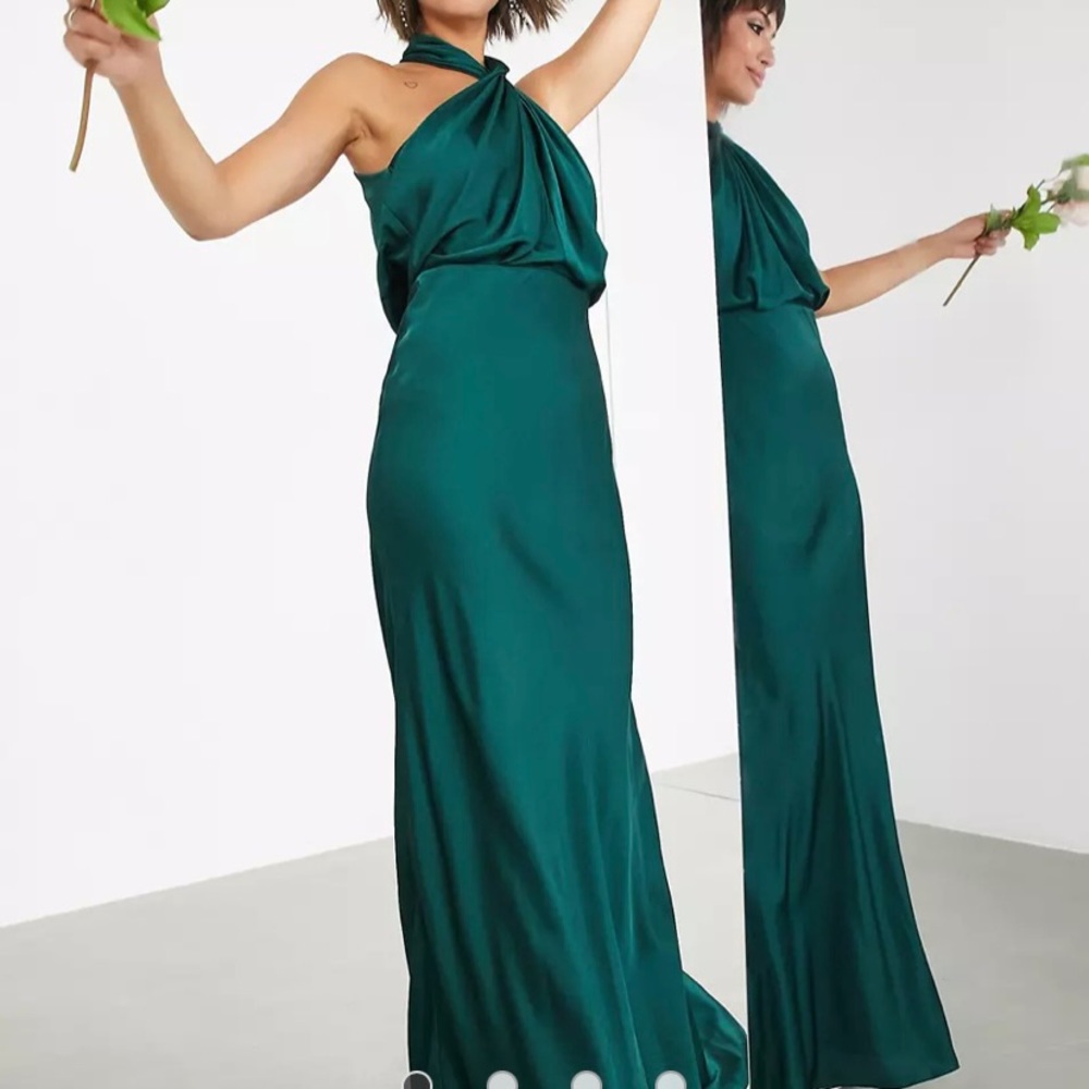 ASOS edition satin ruched halter neck maxi in forest green